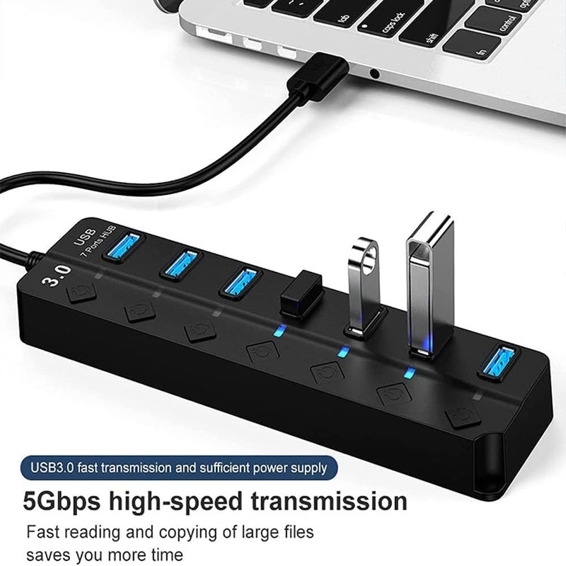 SWIUKPHE محور USB مزود بالطاقة 3.0، 7 منافذ شاحن USB ممتد مركز بيانات مقسم تمديد، مع مفاتيح وأضواء فردية للكمبيوتر المحمول، الكمبيوتر الشخصي، الكمبيوتر، أجهزة USB متوافق للغاية، سرعة نقل بيانات 5 جيجابت في الثانية - Image 3