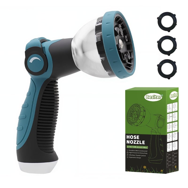 Besiter Garden Hose Nozzle, Hose Sprayer Nozzle with 10 Spray Patterns, Thumb Control On Off Valve, High Pressure Metal Water Hose Nozzle for Car Wash, Plants, Pets & Outdoor Cleaning, Blue - Image 1