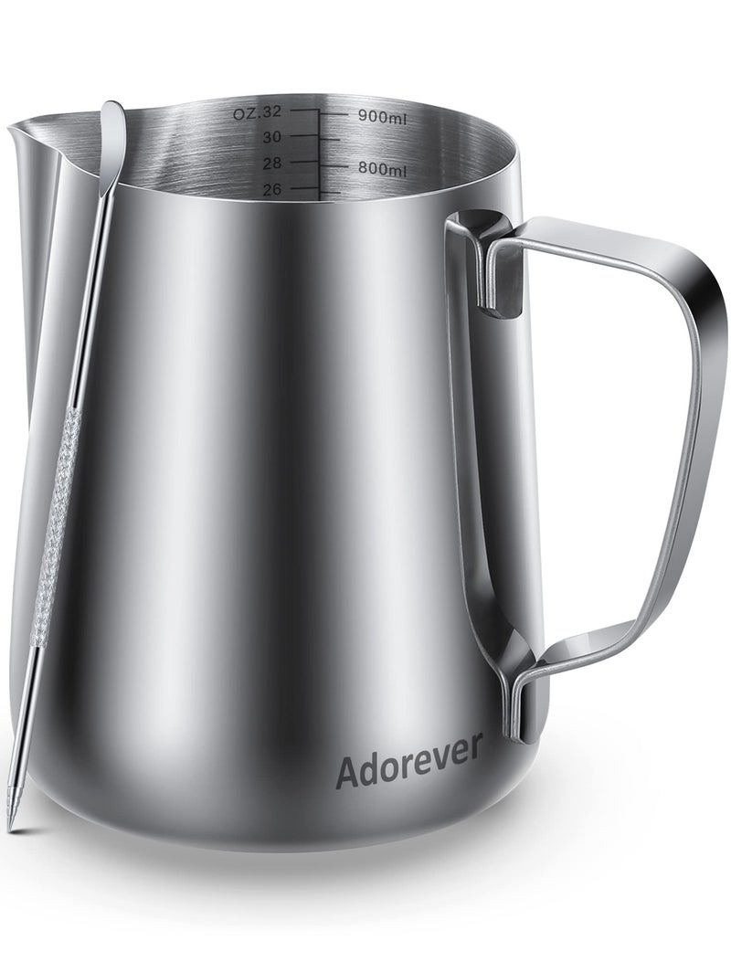 Adorever Milk Frothing Pitcher, 32oz Steaming Pitcher Stainless Steel Espresso Machine Accessories for Coffee Bar, Cappuccino Barista Tools Milk Jug Steamer Frother Cup with Decorating Latte Art Pen - Image 1