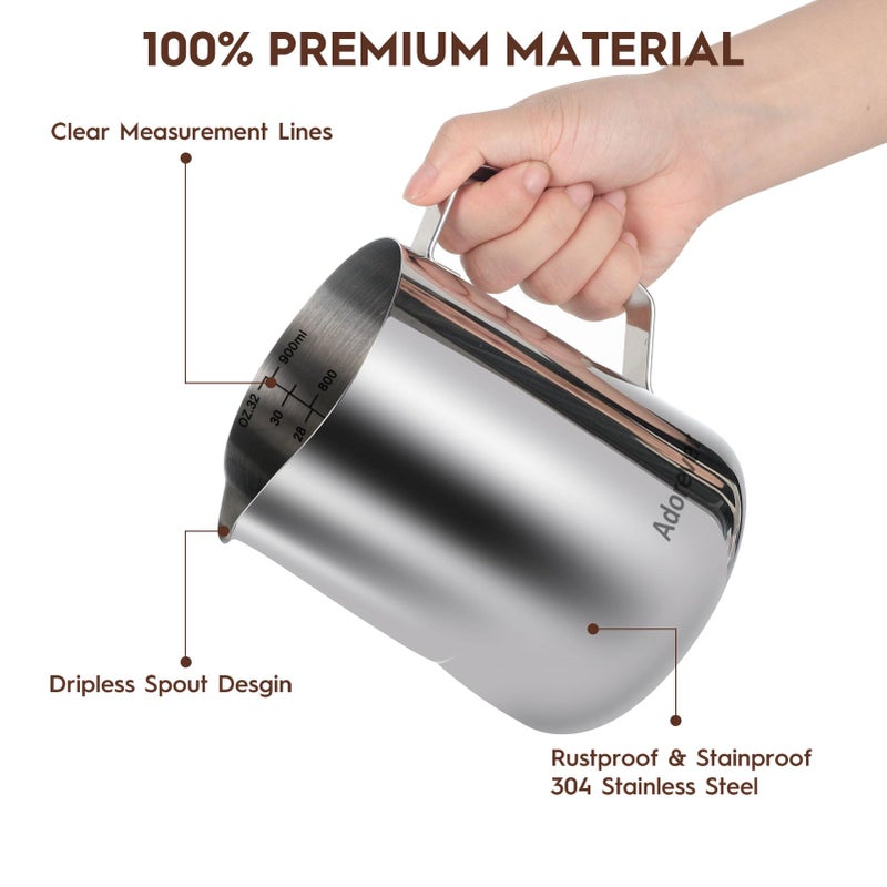 Adorever Milk Frothing Pitcher, 32oz Steaming Pitcher Stainless Steel Espresso Machine Accessories for Coffee Bar, Cappuccino Barista Tools Milk Jug Steamer Frother Cup with Decorating Latte Art Pen - Image 3