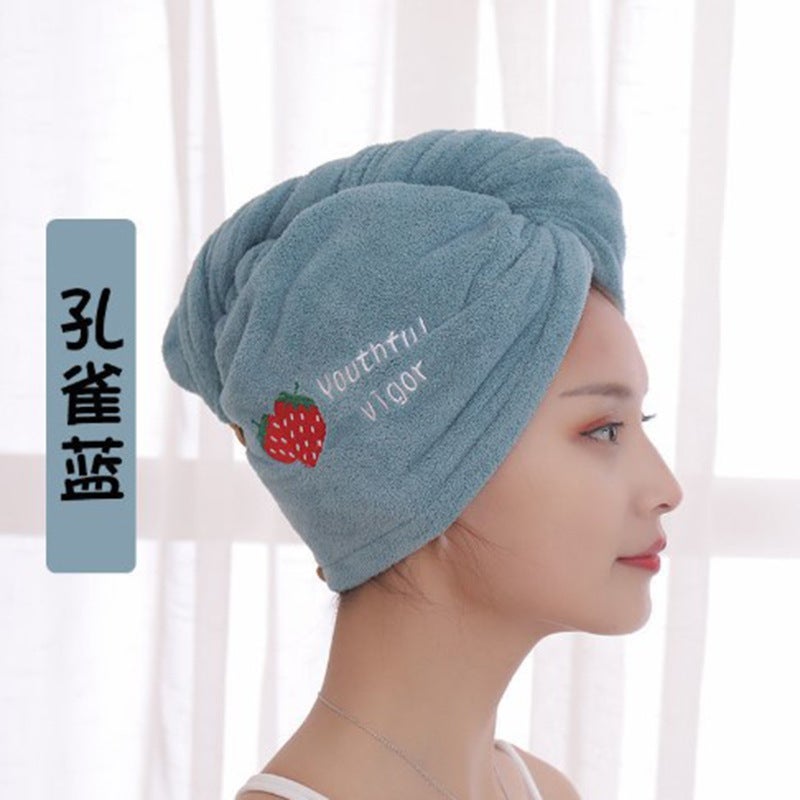 Generic Coral Fleece Hair Drying Cap Embroidered Quick-Dry Towel Peacock Blue