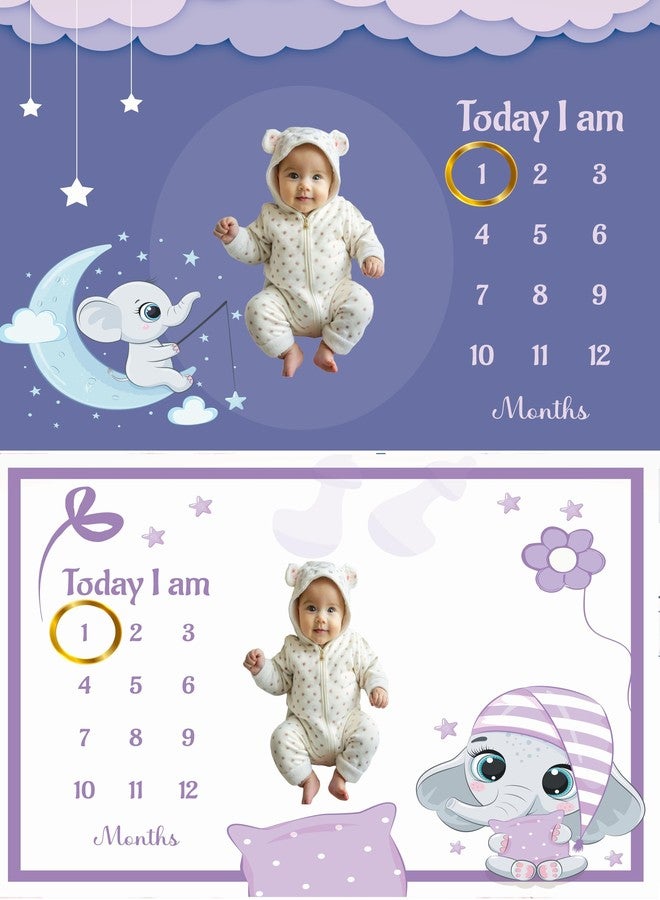 Hoolloomooloo Baby Milestone Blanket Pack of 2 | Purple Sleepy Elephant & Night Sky Moon Design | Monthly Photoshoot Prop with 15 Cards & 1 Golden Ring per Blanket | 90x120 cm Soft Fleece - Image 1