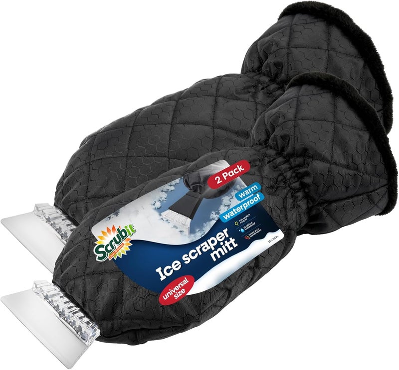 SCRUBIT [2 Pack Ice Scraper with Glove - Car Windshield Scraper for Ice and Snow w/Fleece Mitt - Quickly Scrape and Remove Snow While Staying Warm - Waterproof - Car Scraper Snow Brush (Black) - Image 1