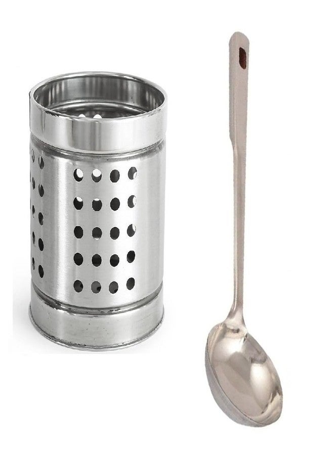 BLUE WONDER Stainless Steel Spoon Holder Combo Stainless Steel Cooking Spoon Strainer Chamcha with Long Handle | Kitchen Accessories | Multipurpose Kitchen Tool | Multicolour | Pack of 2