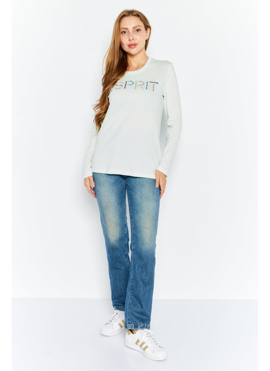 ESPRIT Women Round Neck Long Sleeves Brand Logo T-Shirt, Light Green  - Image 2