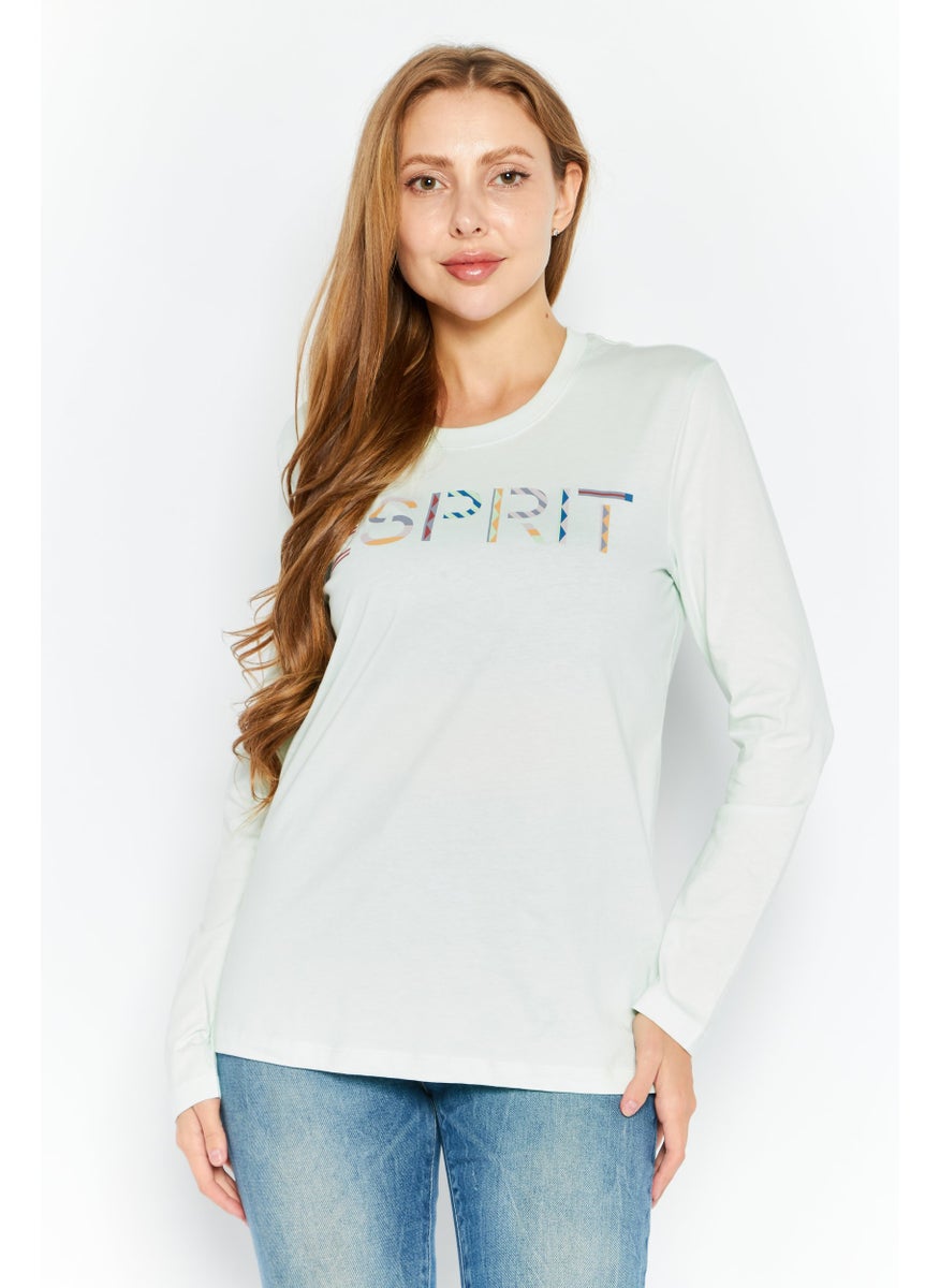 ESPRIT Women Round Neck Long Sleeves Brand Logo T-Shirt, Light Green  - Image 1