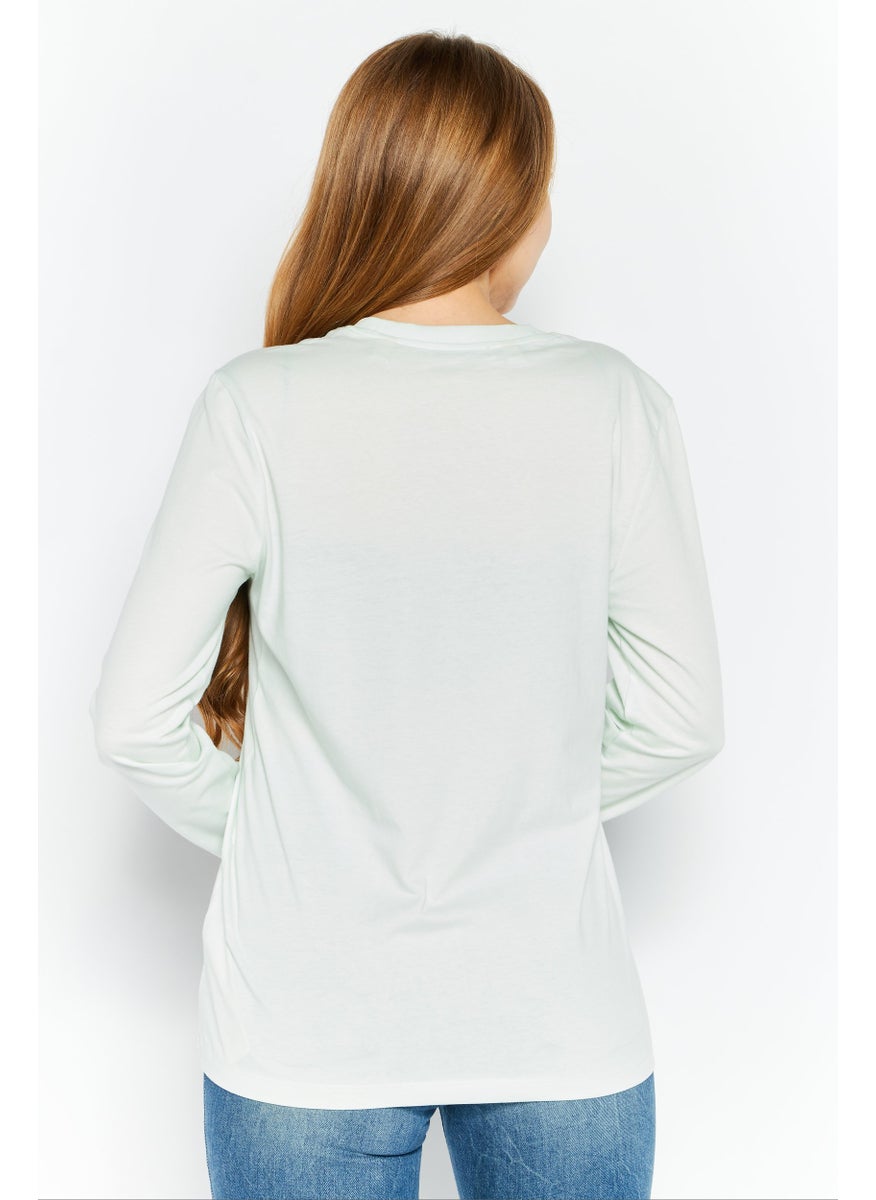 ESPRIT Women Round Neck Long Sleeves Brand Logo T-Shirt, Light Green  - Image 3