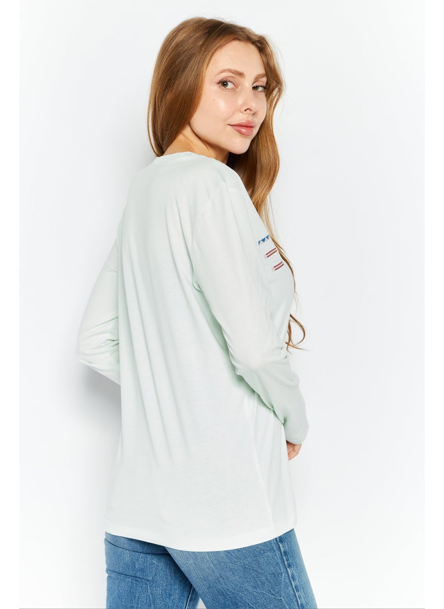 ESPRIT Women Round Neck Long Sleeves Brand Logo T-Shirt, Light Green  - Image 4