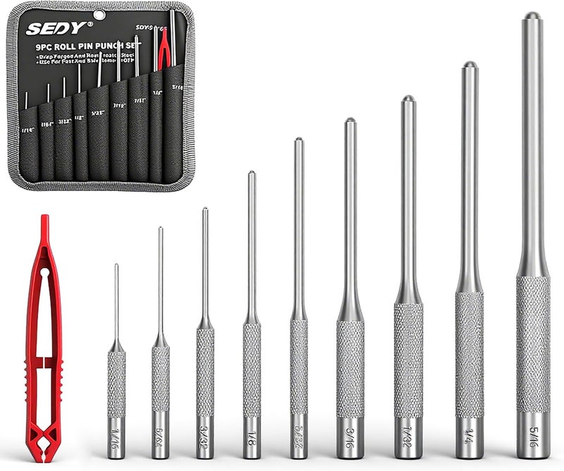 SEDY 9-Piece Roll Pin Punch Set - Fast Pin Removal - Durable Steel & Construction - For Automotive, Firearm Maintenance, Watch, Jewelry & Craft Repair - Knurled Grip - Versatile Sizes - Image 1