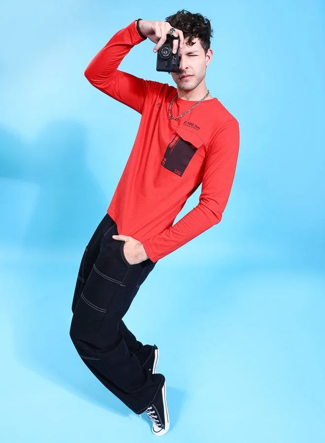 شركة المرآب الهندية Men Slim Fit Placement Print Round Neck Tshirt