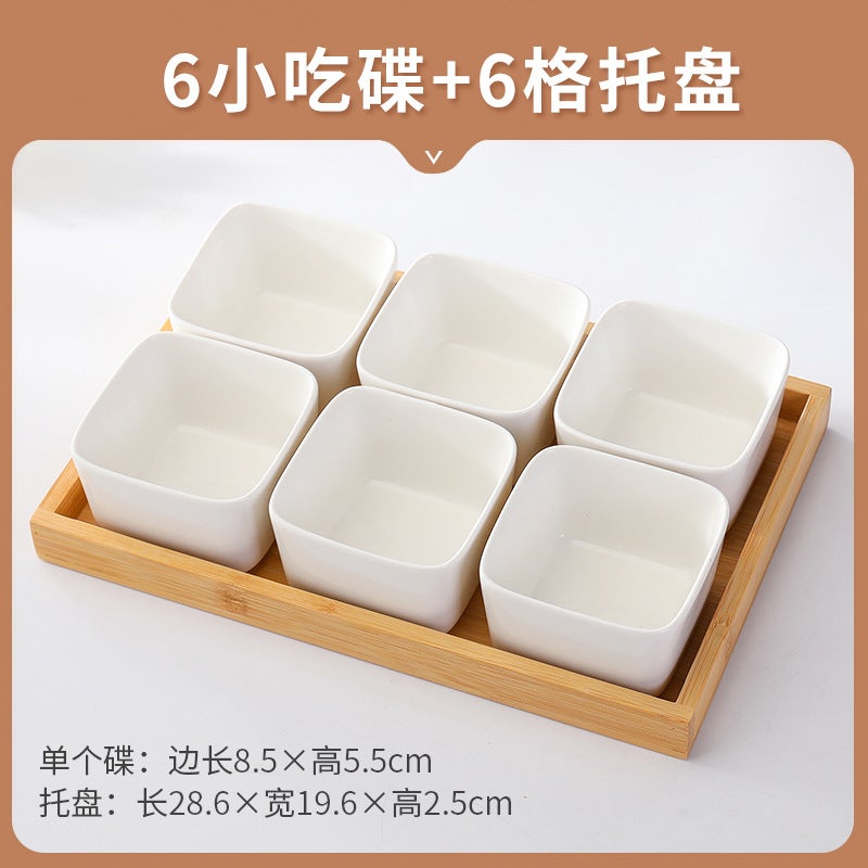 Nordic Creative Ceramic Fruit Snack Plate 6 square plates +6 grid wooden tray
