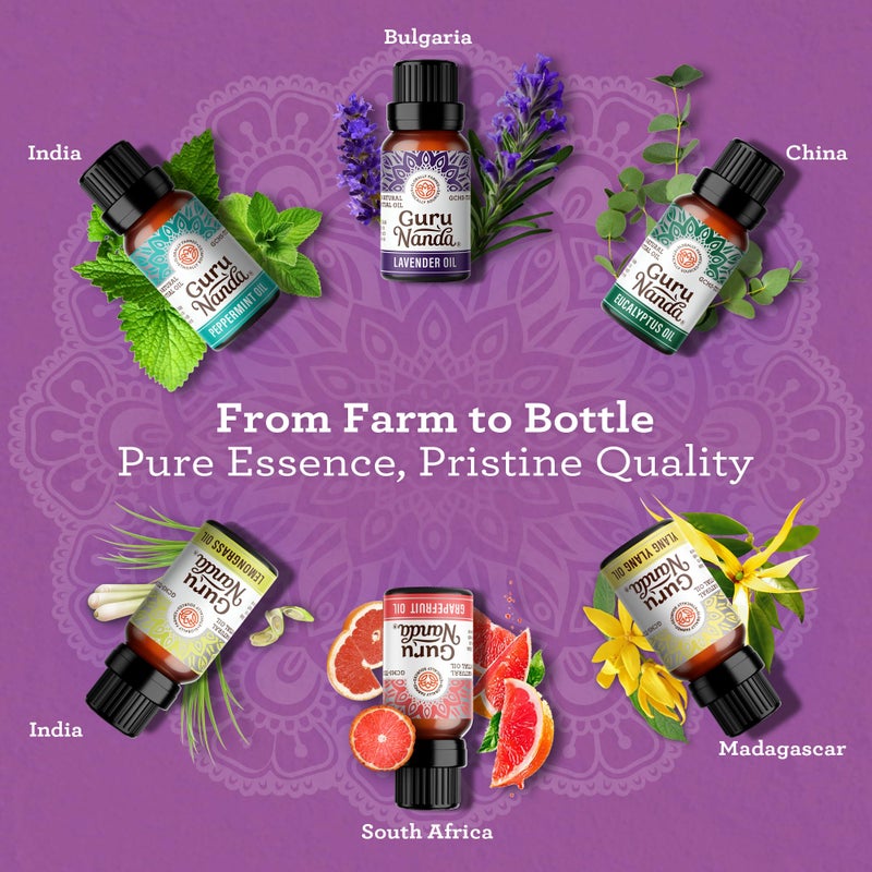 GuruNanda Essential Oils Set for Diffusers, 100% Pure, Aromatherapy, Massage, Candle & Soap Making Lavender, Peppermint, Eucalyptus, Grapefruit, Lemongrass, Ylang Ylang 0.33 Fl Oz (Pack of 6) - Image 4