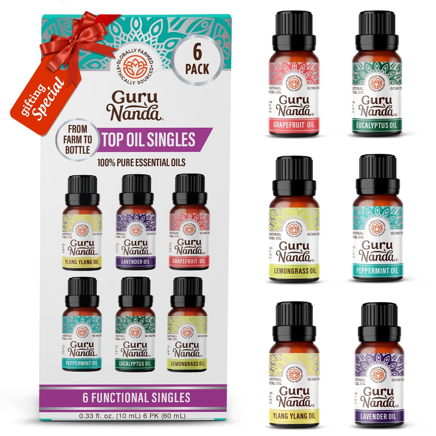GuruNanda Essential Oils Set for Diffusers, 100% Pure, Aromatherapy, Massage, Candle & Soap Making Lavender, Peppermint, Eucalyptus, Grapefruit, Lemongrass, Ylang Ylang 0.33 Fl Oz (Pack of 6)