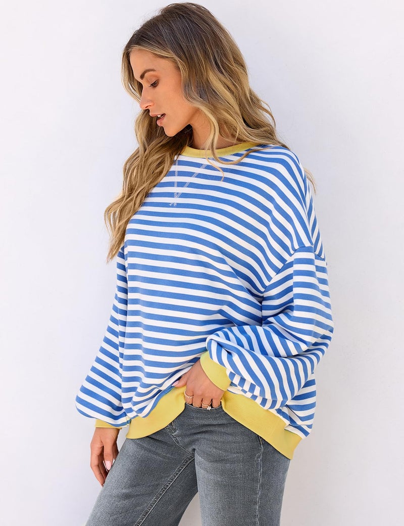 UEU Women Oversized Striped Sweatshirt Long Sleeve Pullover Tops Fall Trendy Fashion Crewneck Shirts Blue Striped X-Large - Image 3
