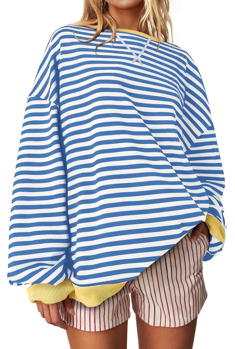 UEU Women Oversized Striped Sweatshirt Long Sleeve Pullover Tops Fall Trendy Fashion Crewneck Shirts Blue Striped X-Large - Image 1
