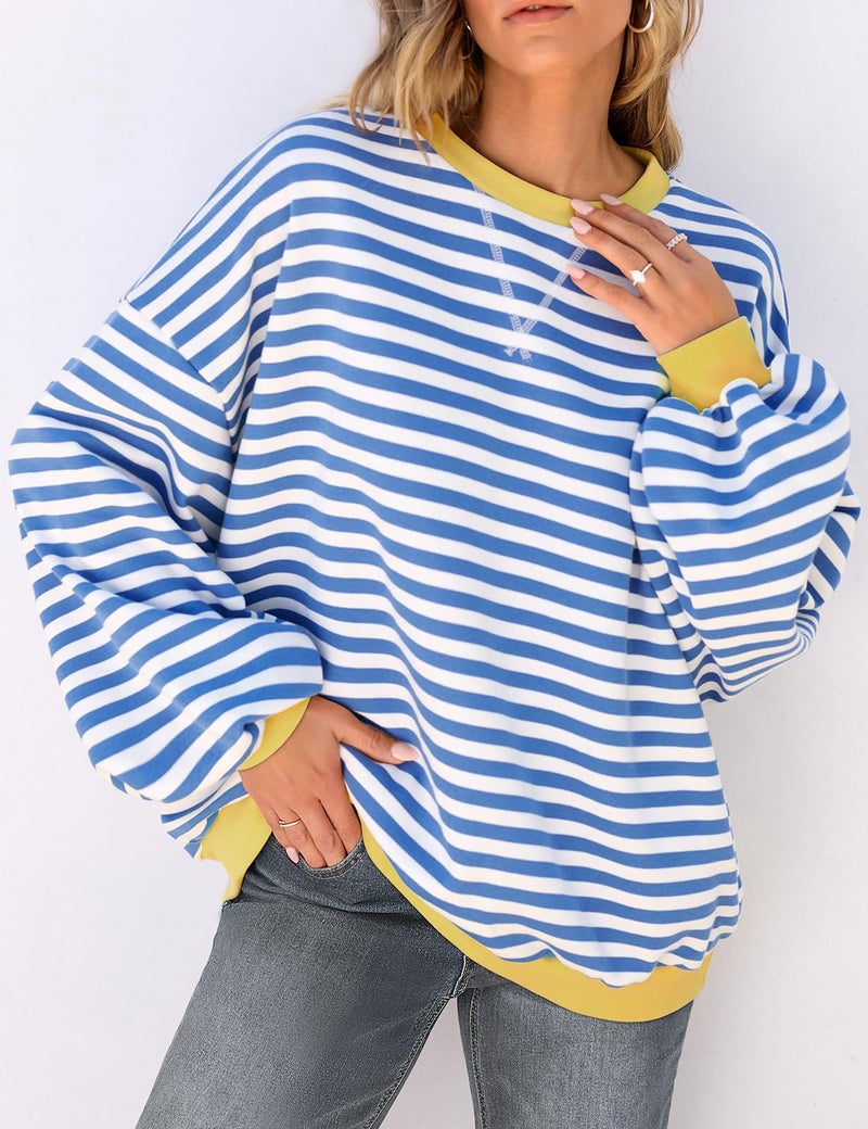 UEU Women Oversized Striped Sweatshirt Long Sleeve Pullover Tops Fall Trendy Fashion Crewneck Shirts Blue Striped X-Large - Image 2