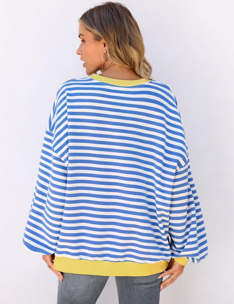 UEU Women Oversized Striped Sweatshirt Long Sleeve Pullover Tops Fall Trendy Fashion Crewneck Shirts Blue Striped X-Large - Image 5