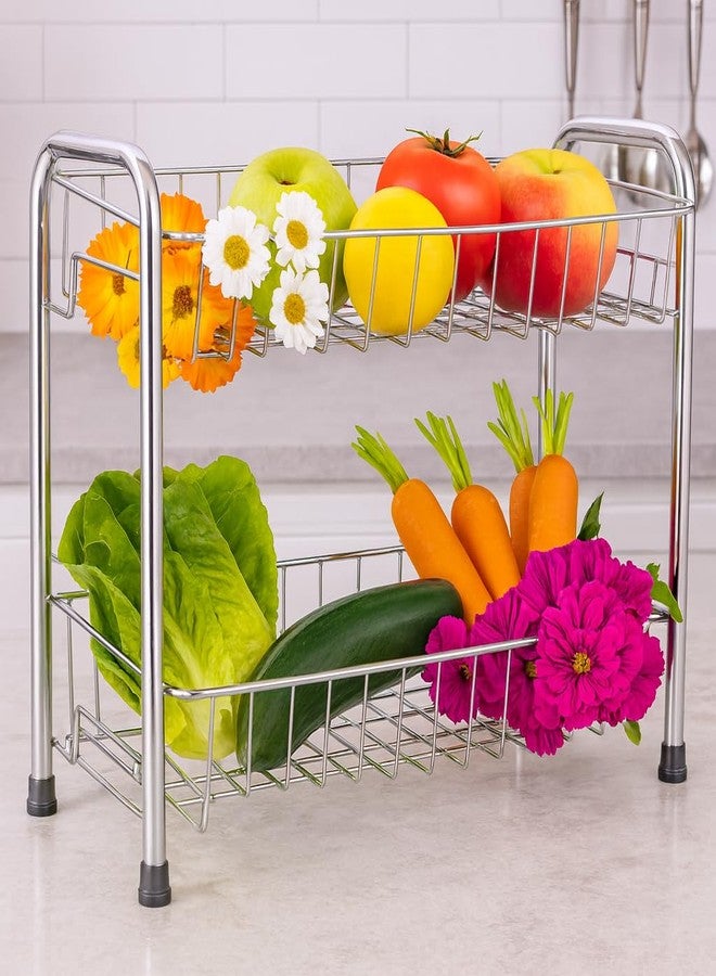 GLOCY 2-Tier Kitchen Counter Organizer, Chrome-Plated Steel Storage Rack for Fruits, Vegetables, Books, Spices, Bathroom Essentials (silver) - Image 1