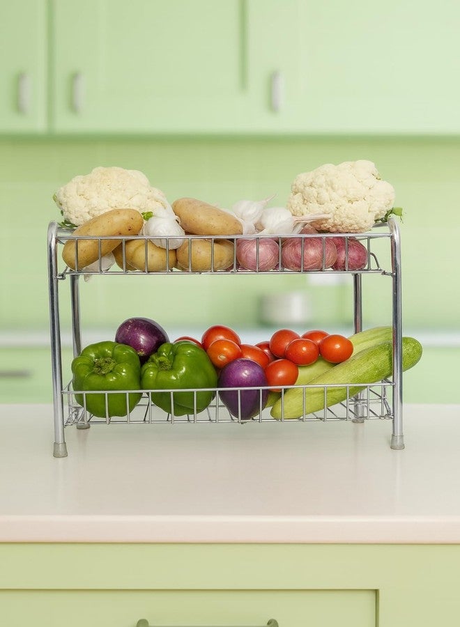 GLOCY 2-Tier Kitchen Counter Organizer, Chrome-Plated Steel Storage Rack for Fruits, Vegetables, Books, Spices, Bathroom Essentials (silver) - Image 2