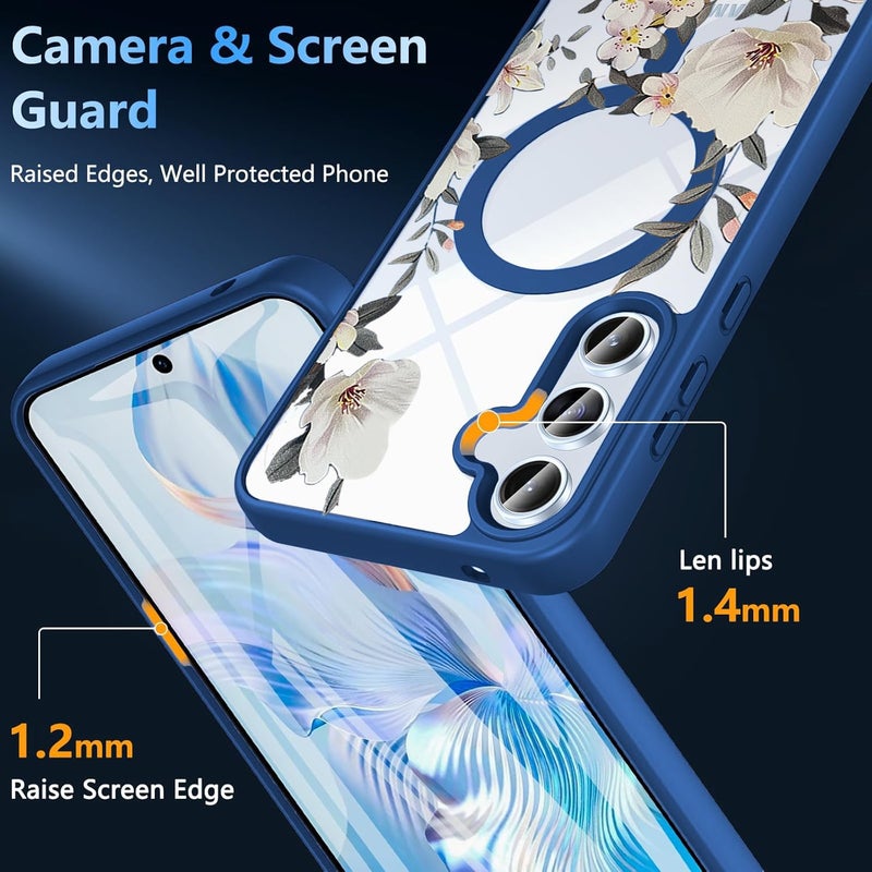 VONZEE Compatible with Samsung Galaxy A55 5G Case Luxury Retro Flowers Floral Clear for Magnetic Wireless Charging Case Shockproof PC+TPU Cute Glossy Shiny Cover for Girls Women, Blue - Image 2
