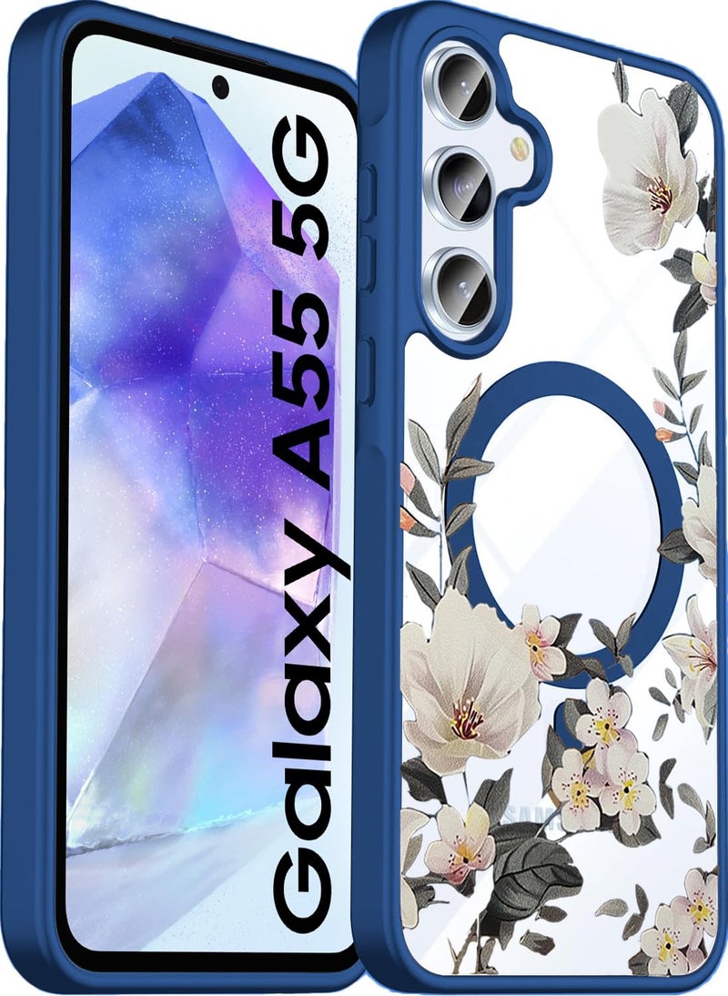 VONZEE Compatible with Samsung Galaxy A55 5G Case Luxury Retro Flowers Floral Clear for Magnetic Wireless Charging Case Shockproof PC+TPU Cute Glossy Shiny Cover for Girls Women, Blue - Image 1