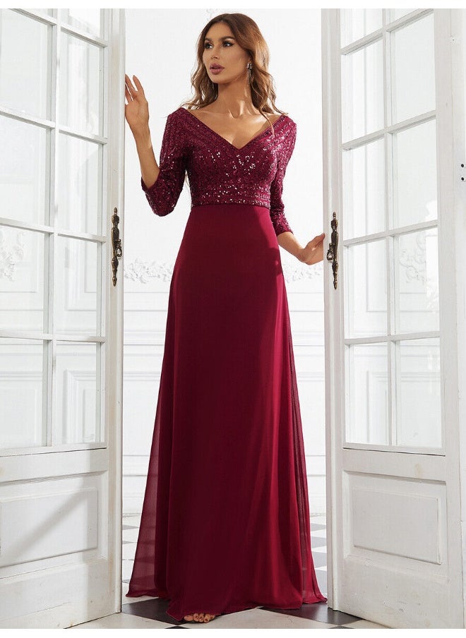 Madam Uniq Elegant Burgundy Sequin - Paneled Gown, V - Neck & 3/4 Sleeves, Formal Evening Dress  - Image 1
