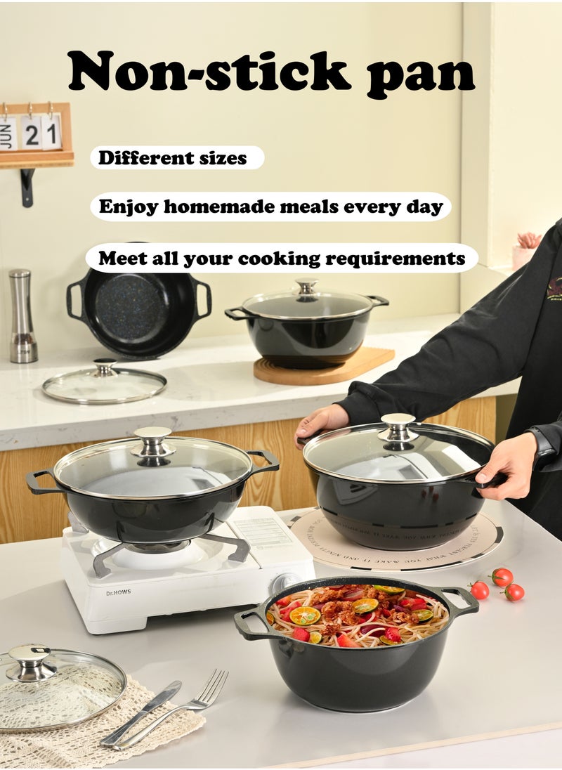 X spring 10-piece Granite Non-stick Cookware Set, 100% PFOA/PFO Free, 24/26/28/30cm Deep Stockpot + 28cm Shallow Stockpot, Scald-proof Handle and Tempered Glass Lid, Multi-person Cooking Kitchenware (Black)  - Image 2