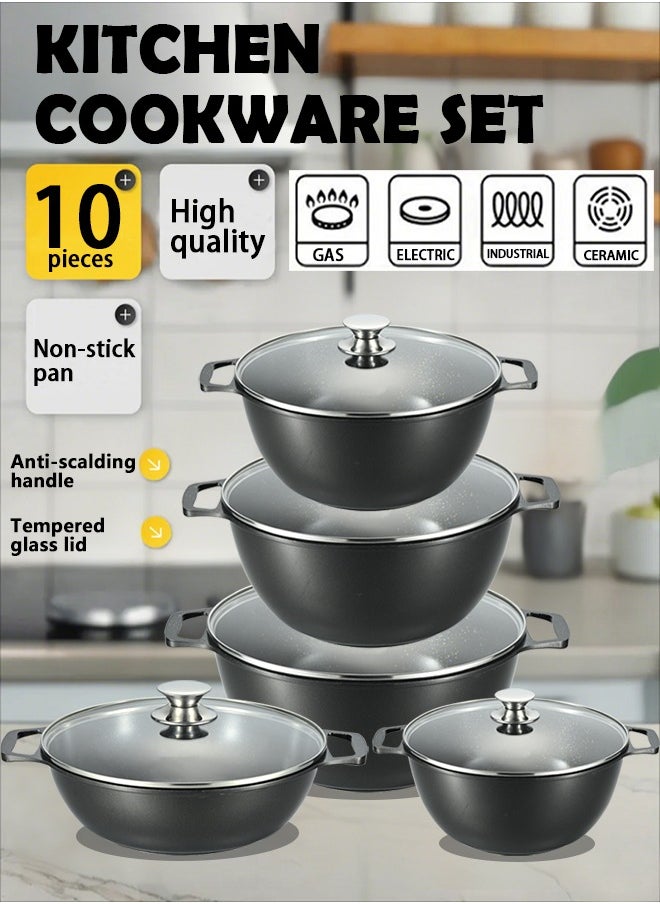 X spring 10-piece Granite Non-stick Cookware Set, 100% PFOA/PFO Free, 24/26/28/30cm Deep Stockpot + 28cm Shallow Stockpot, Scald-proof Handle and Tempered Glass Lid, Multi-person Cooking Kitchenware (Black)  - Image 1
