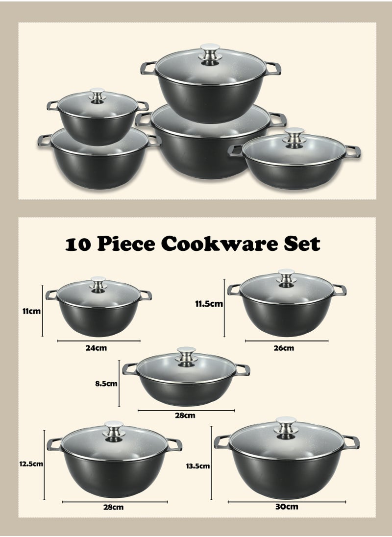 X spring 10-piece Granite Non-stick Cookware Set, 100% PFOA/PFO Free, 24/26/28/30cm Deep Stockpot + 28cm Shallow Stockpot, Scald-proof Handle and Tempered Glass Lid, Multi-person Cooking Kitchenware (Black)  - Image 4