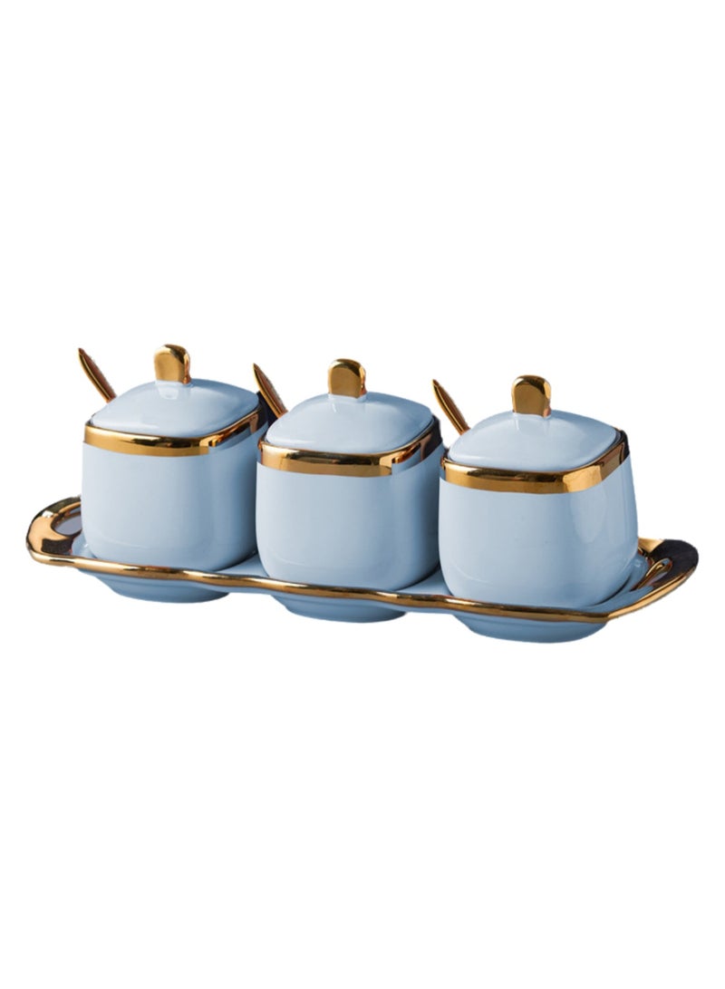 Light Luxury Gold Frame Ceramic Spice Jar Kitchen Supplies Spice Jar Set Household Seasoning Box Three-piece Set (Sky Blue)  - Image 1