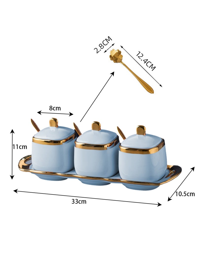Light Luxury Gold Frame Ceramic Spice Jar Kitchen Supplies Spice Jar Set Household Seasoning Box Three-piece Set (Sky Blue)  - Image 2