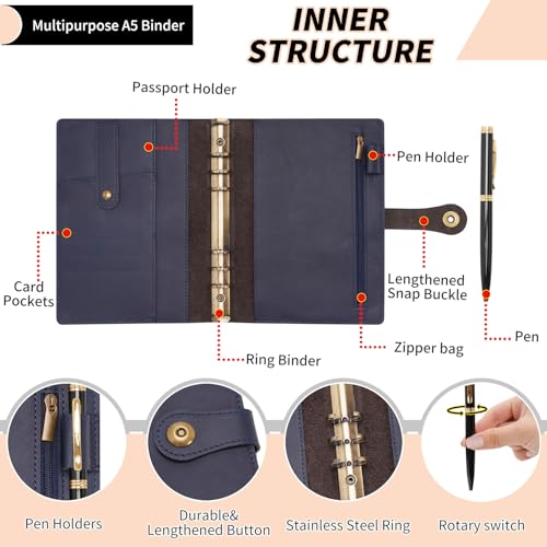Wonderpool A5 Binder Journal Leather Spiral Notebook Refillable College Ruled Paper, Budget Binder Rings Diary Organizer with Pen for Office School Travel Business Planning Writing (Blue,A5) - Image 5