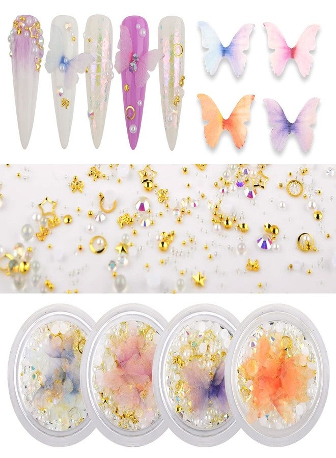 WEILUSI 4 Boxes AB Flatback Round Pearl Rhinestones Mix Pearls Rhinestones Metal 3D Golden Star Nail Charms Fabric Butterfly Nail Charms Jewels Crystal Gems for DIY Crafts Clothes Face Makeup Manicure - Image 1