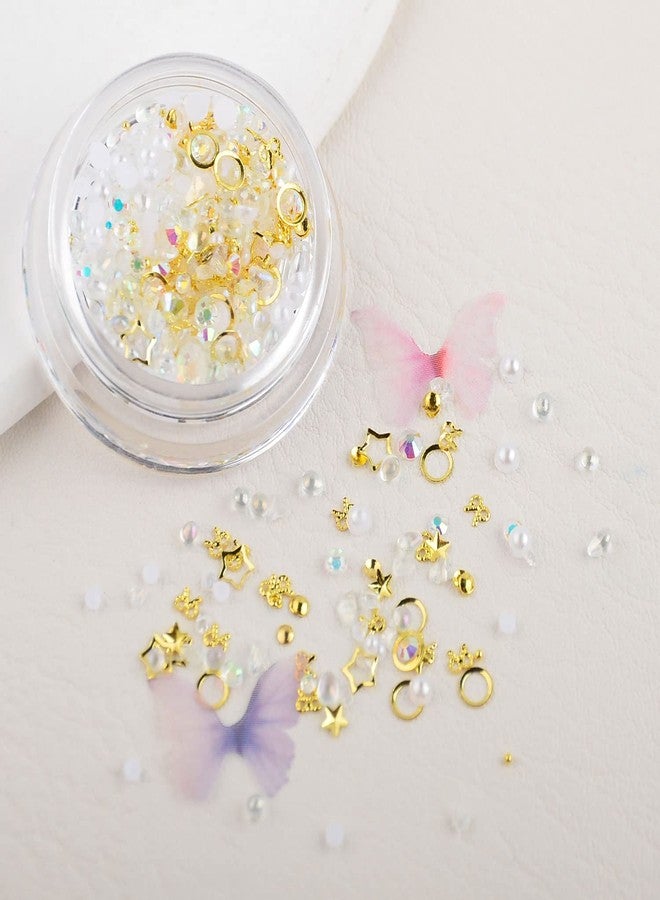 WEILUSI 4 Boxes AB Flatback Round Pearl Rhinestones Mix Pearls Rhinestones Metal 3D Golden Star Nail Charms Fabric Butterfly Nail Charms Jewels Crystal Gems for DIY Crafts Clothes Face Makeup Manicure - Image 3
