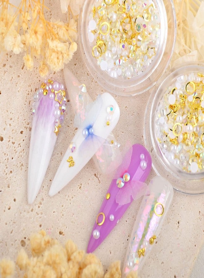 WEILUSI 4 Boxes AB Flatback Round Pearl Rhinestones Mix Pearls Rhinestones Metal 3D Golden Star Nail Charms Fabric Butterfly Nail Charms Jewels Crystal Gems for DIY Crafts Clothes Face Makeup Manicure - Image 2
