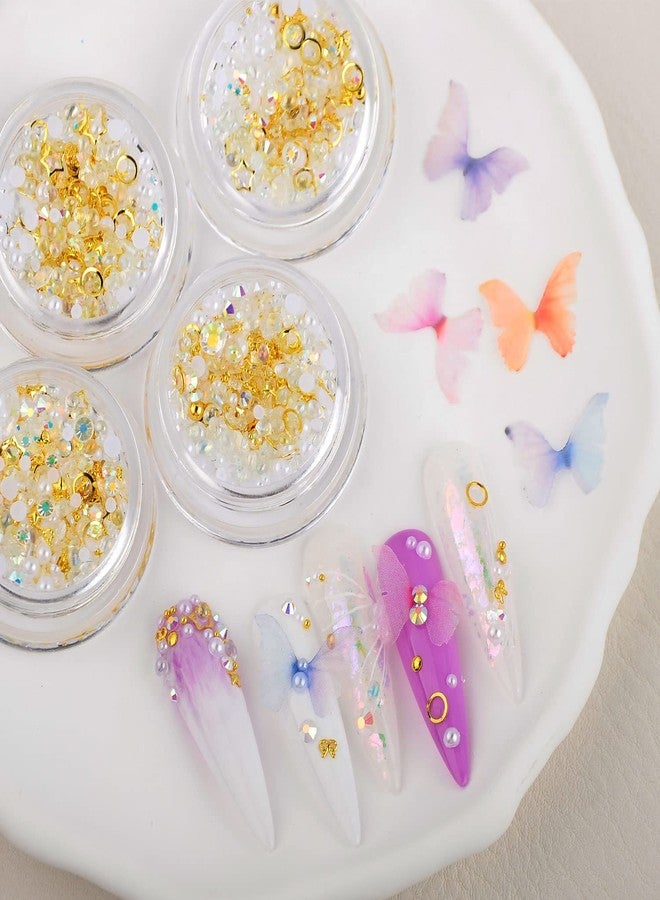 WEILUSI 4 Boxes AB Flatback Round Pearl Rhinestones Mix Pearls Rhinestones Metal 3D Golden Star Nail Charms Fabric Butterfly Nail Charms Jewels Crystal Gems for DIY Crafts Clothes Face Makeup Manicure - Image 4