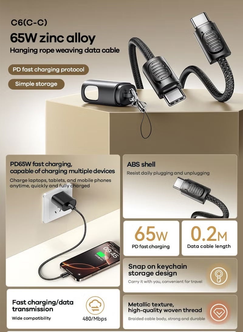 REMAX zinc alloy Type-C port fast charging cable lanyard fast charging data cable mobile phone charging cable braided fast charging cable, suitable for iPhone 16 15 Pro Max iPad mini 6 MacBook Pro Air M3 M2 M1 iPad Pro Samsung S24 S23 Ultra Laptop Lenovo Dell Xiaomi Black - Image 2