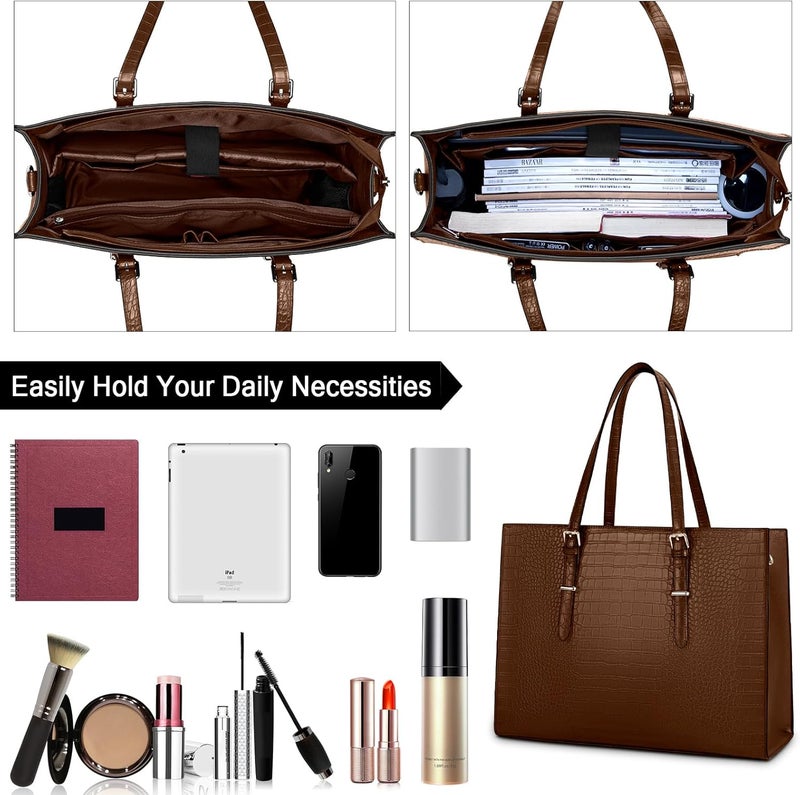 Lubardy Laptop Bag for Women 15.6 Inch Laptop Tote Bag Leather Classy Computer Briefcase for Work Waterproof Handbag Professional Shoulder Bag Women Business Office Bag Large Capacity Coffee - Image 2