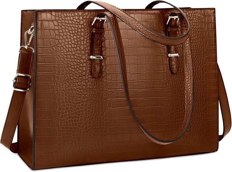 Lubardy Laptop Bag for Women 15.6 Inch Laptop Tote Bag Leather Classy Computer Briefcase for Work Waterproof Handbag Professional Shoulder Bag Women Business Office Bag Large Capacity Coffee - Image 1