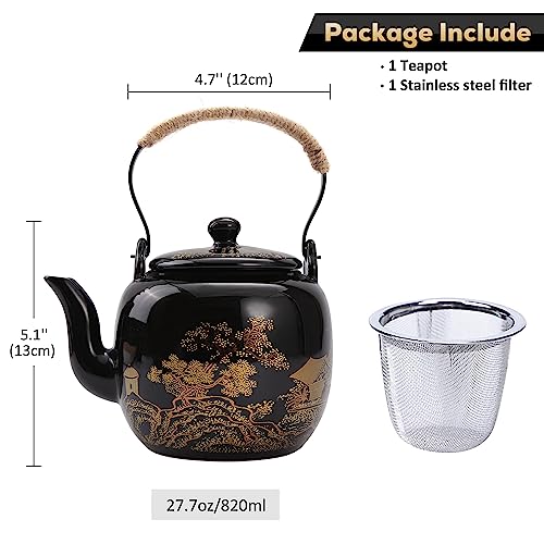 DUJUST Traditional Japanese Tea Pot, Black Porcelain Chinese Teapot with Stainless Infuser, Beautiful Asian Teapot for Adults, Tea Lover/Women/Men (Countryside in Golden) - Image 5