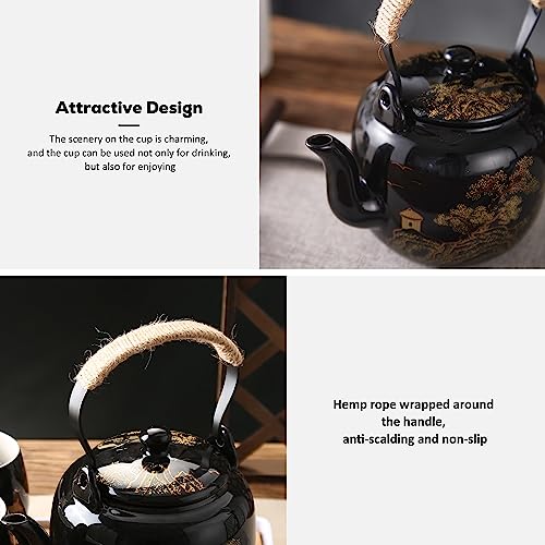 DUJUST Traditional Japanese Tea Pot, Black Porcelain Chinese Teapot with Stainless Infuser, Beautiful Asian Teapot for Adults, Tea Lover/Women/Men (Countryside in Golden) - Image 4