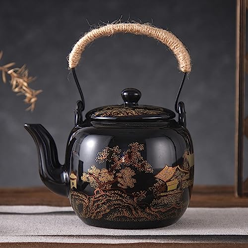 DUJUST Traditional Japanese Tea Pot, Black Porcelain Chinese Teapot with Stainless Infuser, Beautiful Asian Teapot for Adults, Tea Lover/Women/Men (Countryside in Golden) - Image 1