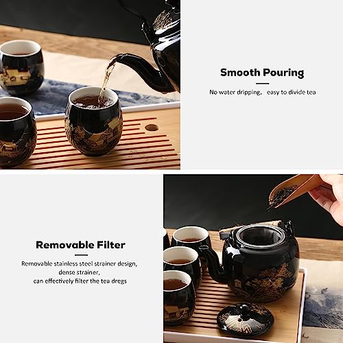 DUJUST Traditional Japanese Tea Pot, Black Porcelain Chinese Teapot with Stainless Infuser, Beautiful Asian Teapot for Adults, Tea Lover/Women/Men (Countryside in Golden) - Image 3