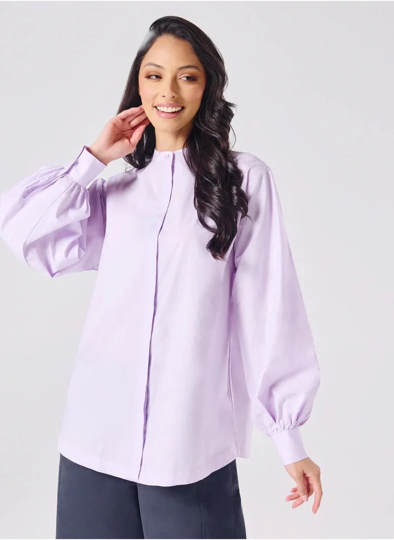 Zigzag Mandarin  Collar Cotton Oversized Shirt- Lavender