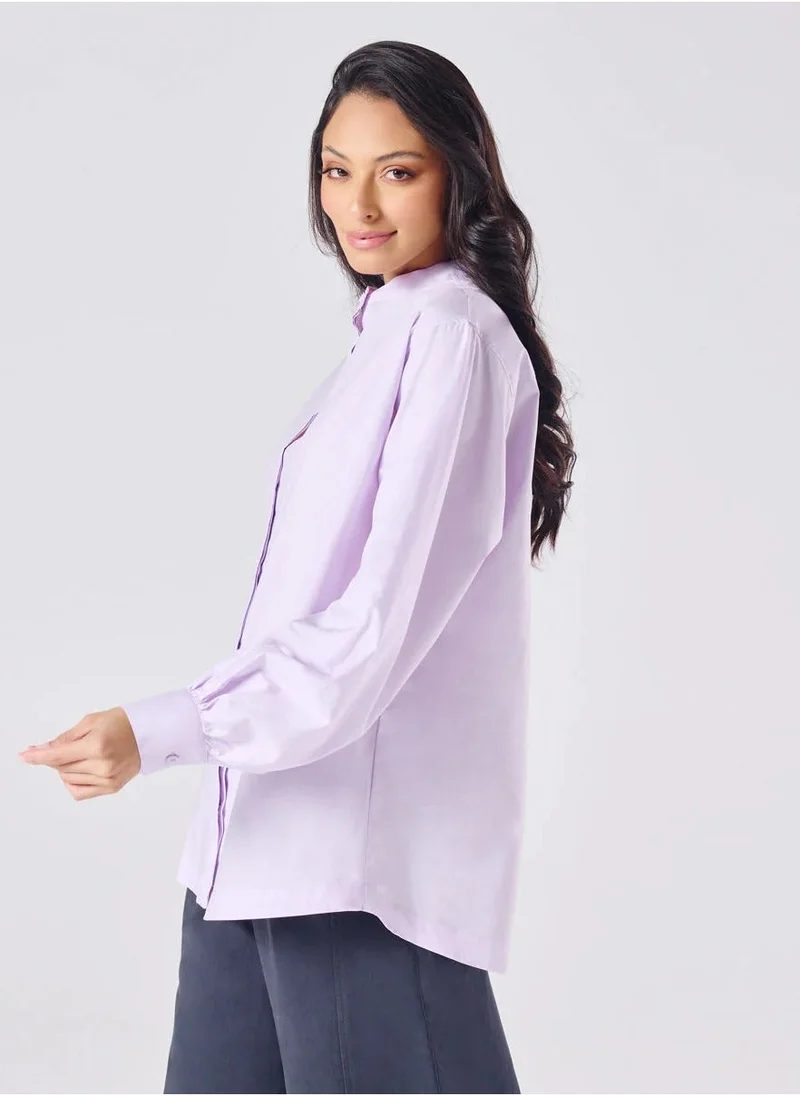 Zigzag Mandarin  Collar Cotton Oversized Shirt- Lavender