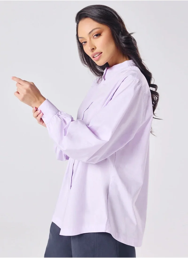 Zigzag Mandarin  Collar Cotton Oversized Shirt- Lavender