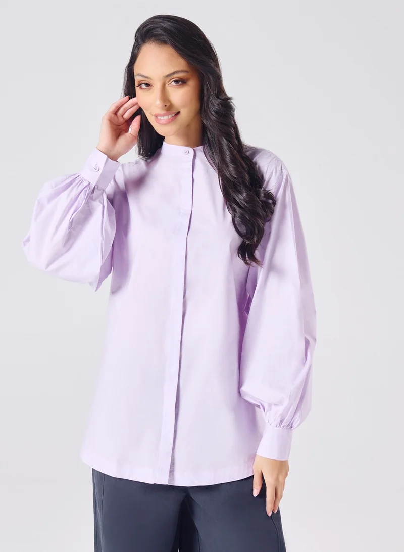 Zigzag Mandarin  Collar Cotton Oversized Shirt- Lavender