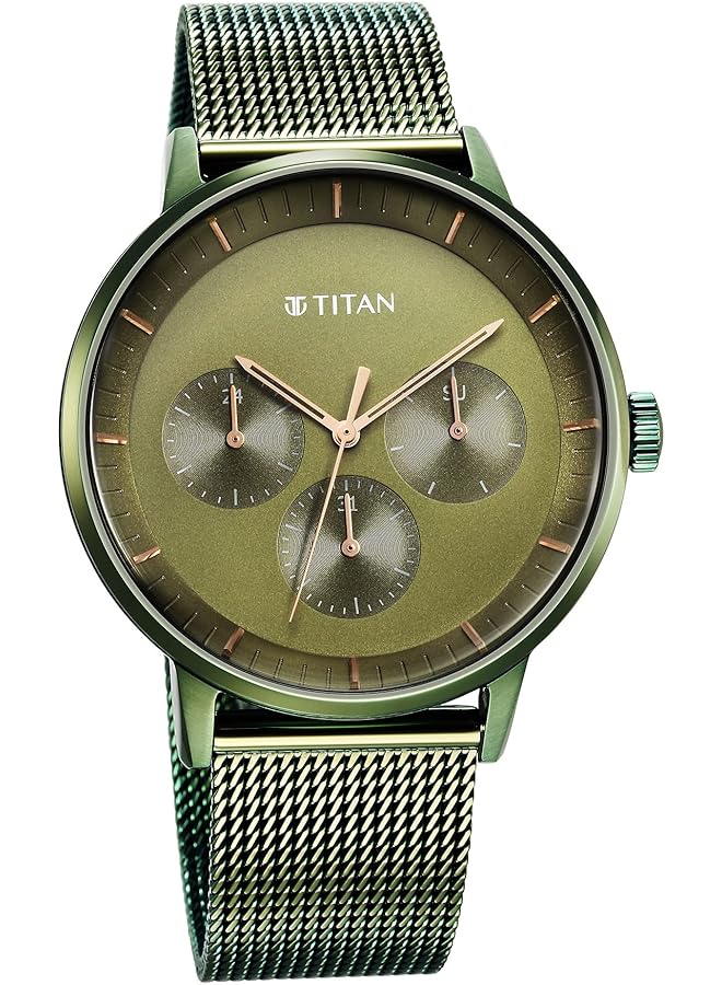 تيتان ساعة رجالية كاجوال بمينا أخضر وسوار من الفولاذ المقاوم للصدأ، لون أخضر - Image 2