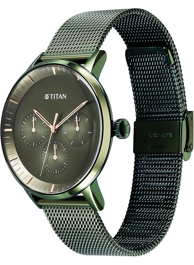 تيتان ساعة رجالية كاجوال بمينا أخضر وسوار من الفولاذ المقاوم للصدأ، لون أخضر - Image 3
