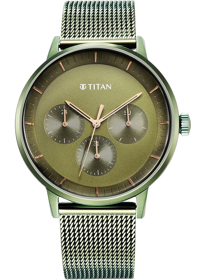 تيتان ساعة رجالية كاجوال بمينا أخضر وسوار من الفولاذ المقاوم للصدأ، لون أخضر - Image 1